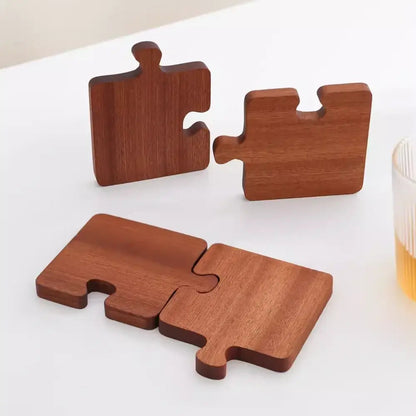 Puzzle coaster set on wooden table, warm tones