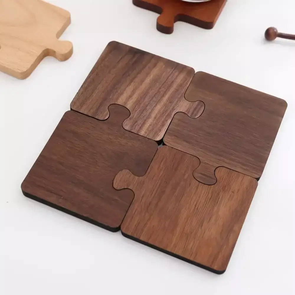 Close-up of wooden puzzle coaster with mug