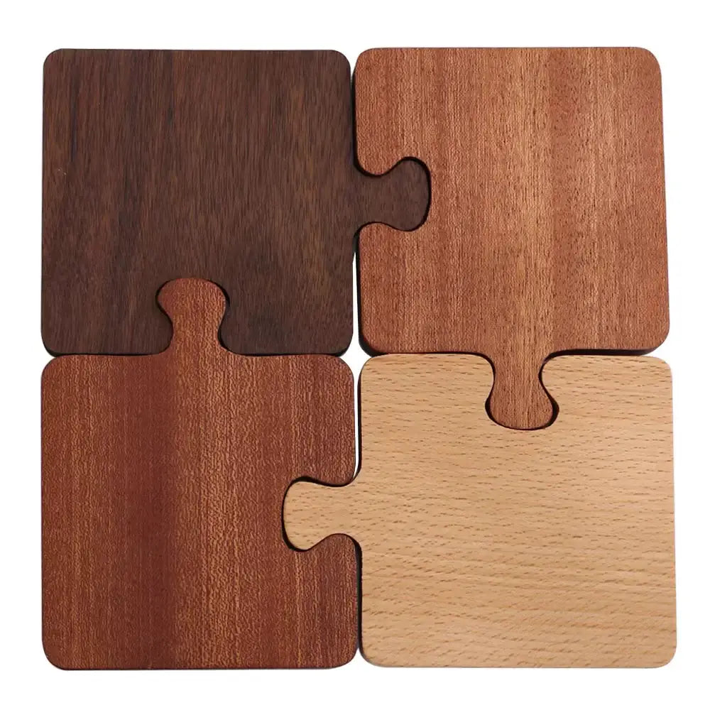 Wooden puzzle coaster under glass cup