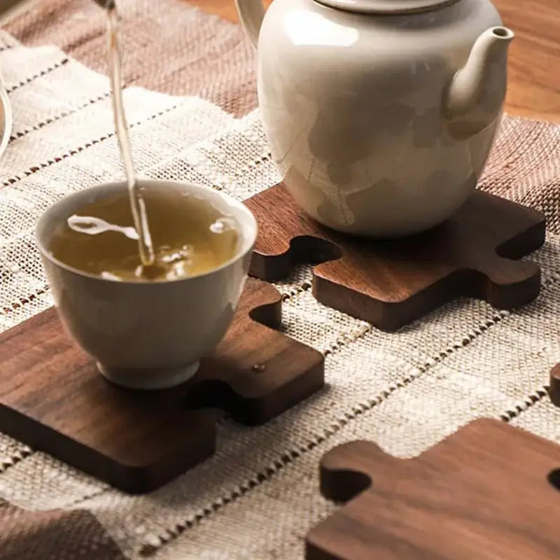 Natural wood grain detail on puzzle coaster