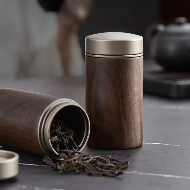 Wooden tea storage box front view with closed lid, solid wood construction