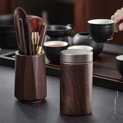 Handcrafted wooden tea caddy with natural finish, detail of wood texture and lid