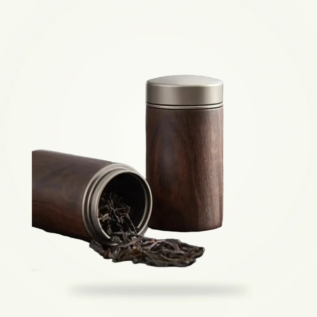 Handcrafted wooden tea box for tea storage, full view on neutral background