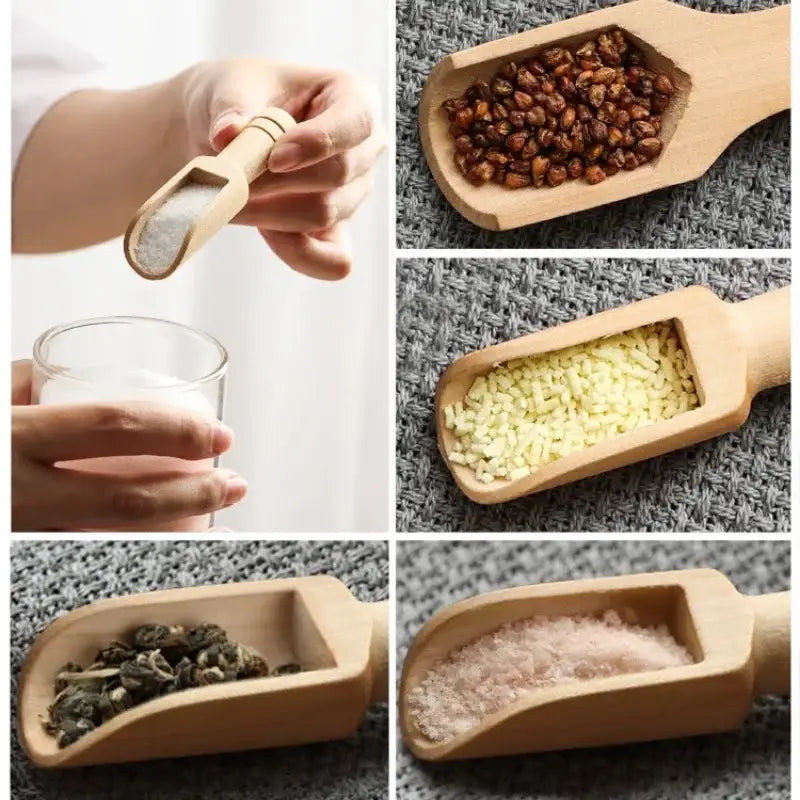 Hand holding a wooden tea spoon with tea