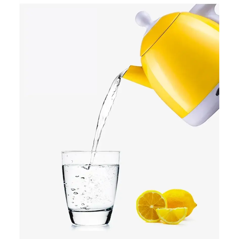 Yellow stainless steel electric kettle 1L releasing steam on a kitchen counter