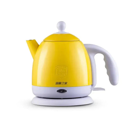 Close-up of yellow electric kettle spout and hinged lid detail