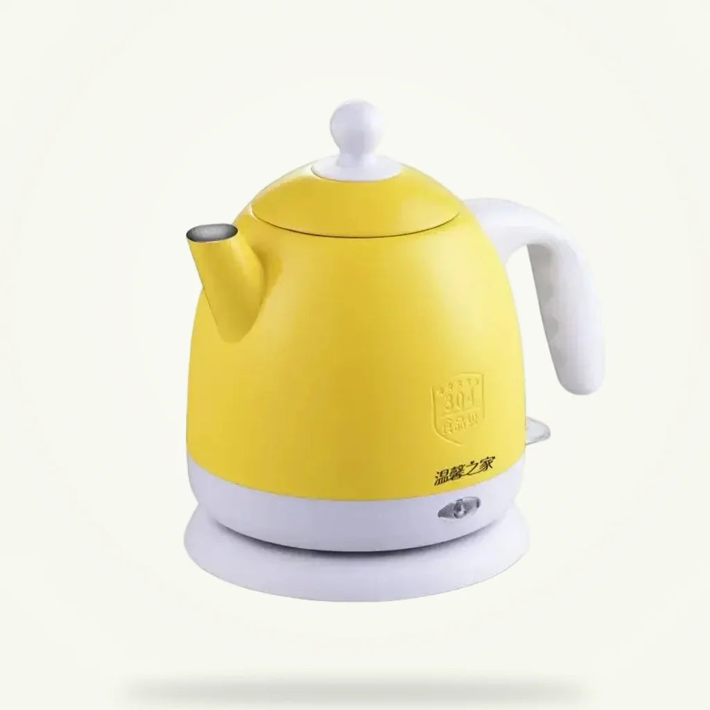Yellow electric teapot 1L stainless steel kettle, full product view on white background