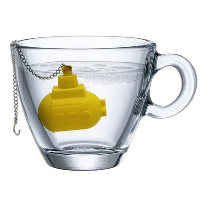 Yellow submarine tea infuser floating in a cup of tea