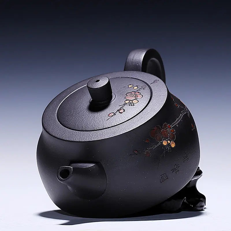 Yixing black clay teapot lid and spout detail, authentic zisha construction