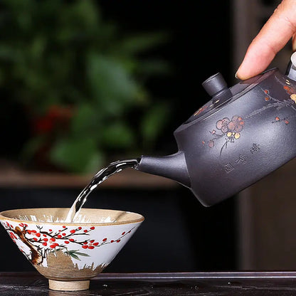 200ml Yixing black zisha teapot for gongfu brewing, side angle showing spout and handle