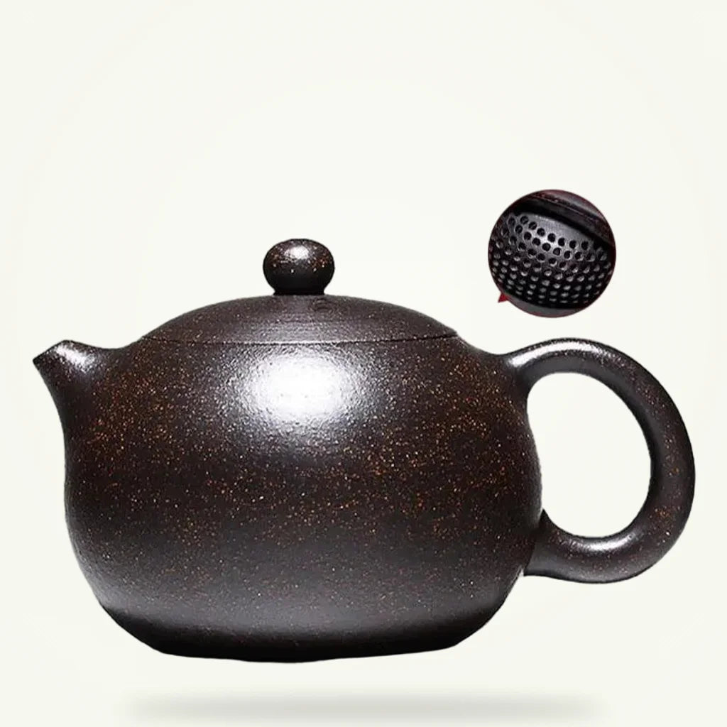 Yixing clay teapot 220ml in unglazed Chinese purple zisha clay, front view on plain background