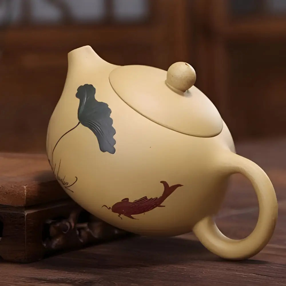 Beige Yixing clay teapot side profile view