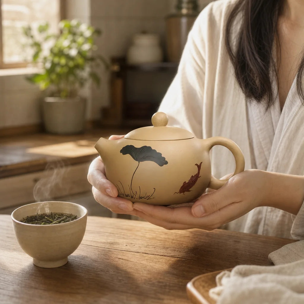 Yixing Clay Teapot, Beige Chinese Zisha Teapot for Loose Leaf Tea en situation
