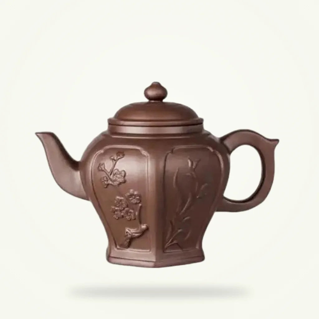 Yixing Clay Teapot with Ancestral Flower Design, 800 ml, product photo on a plain background