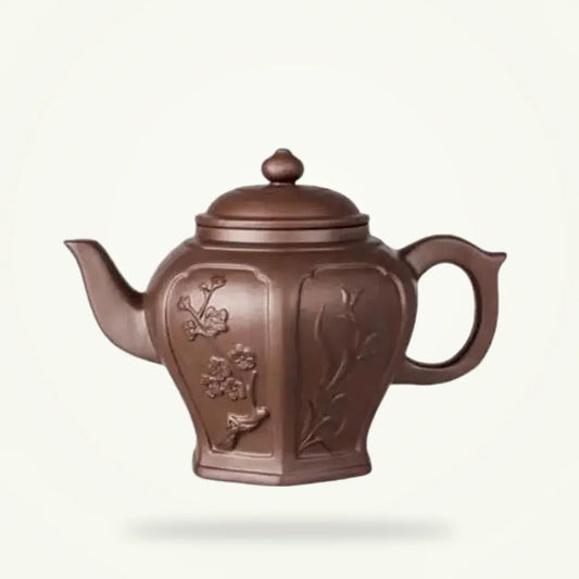 Yixing Clay Teapot with Ancestral Flower Design, 800 ml, product photo on a plain background