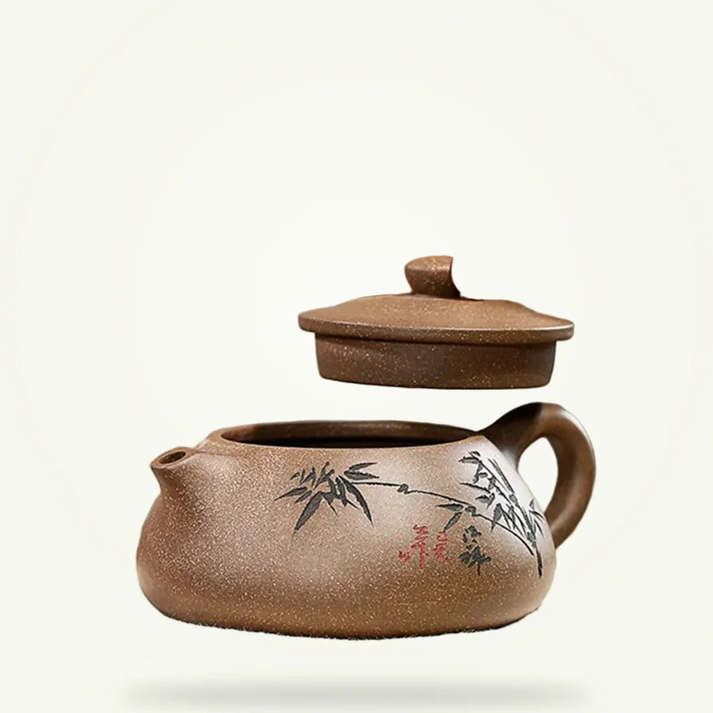 Yixing purple clay teapot 230ml with hand-carved bamboo motif, full product view