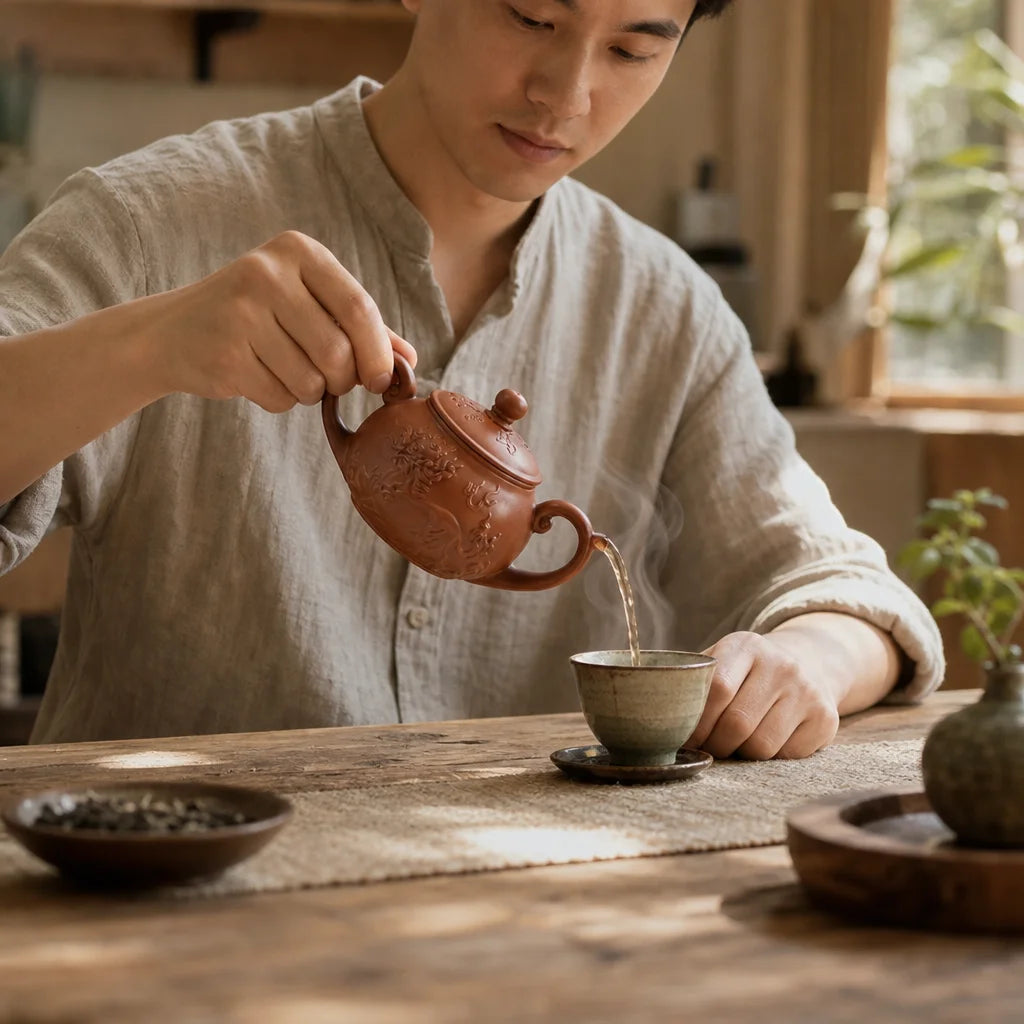 Yixing Clay Teapot with Chinese Dragon, 340 ml en situation