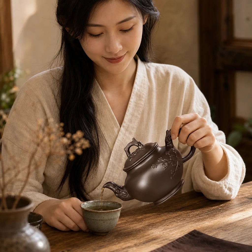 Yixing Clay Teapot with Flower Engraving, 700 ml en situation