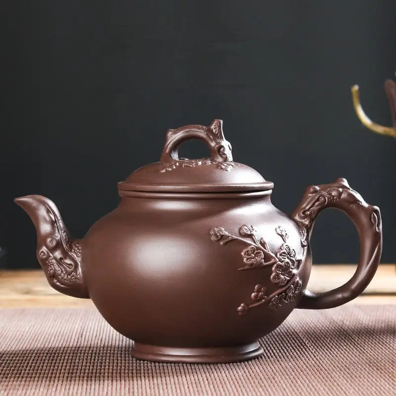 Yixing clay teapot with hand-applied flower motif, 500 ml, front view