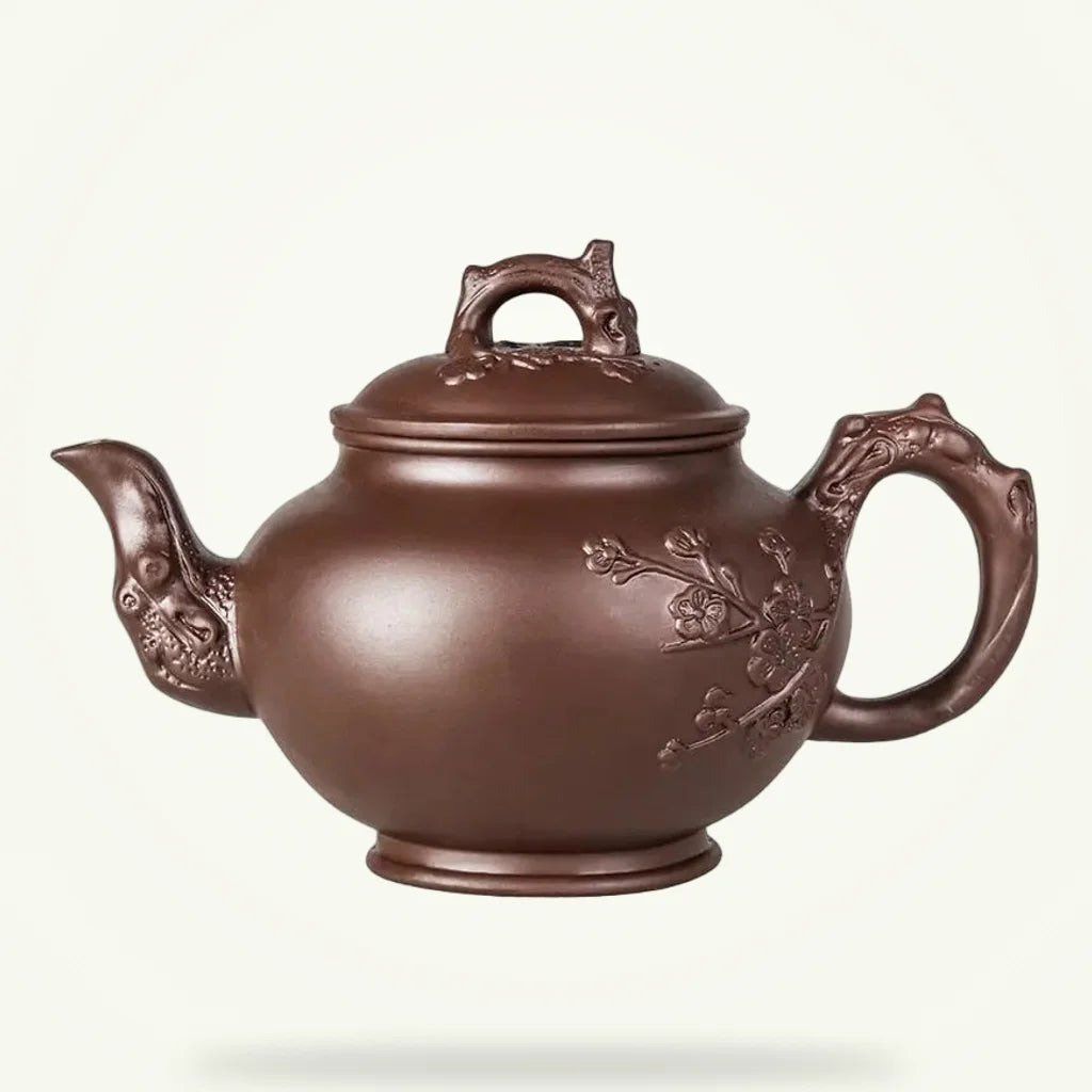 Yixing clay teapot with flower motif, 500 ml, unglazed zisha, full packshot