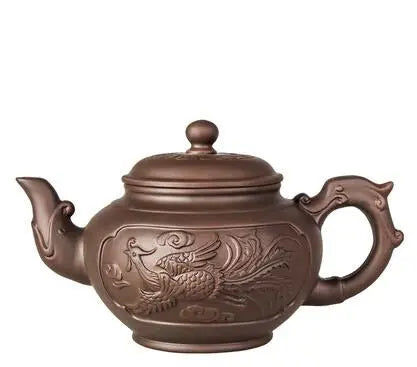 Yixing zisha clay rooster teapot 500ml, side view showing clay texture and lid detail