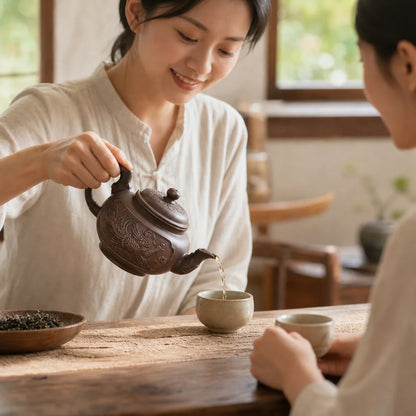 Yixing Clay Teapot with Rooster Motif 500ml en situation