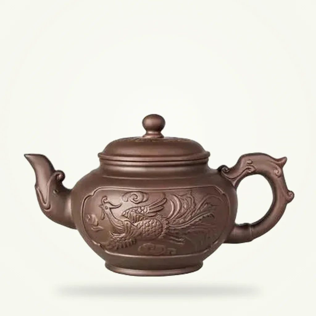Yixing clay teapot 500ml rooster motif packshot on plain background, unglazed zisha