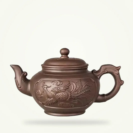 Yixing clay teapot 500ml rooster motif packshot on plain background, unglazed zisha