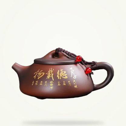 Yixing clay teapot 230 ml with traditional Chinese symbols on plain background