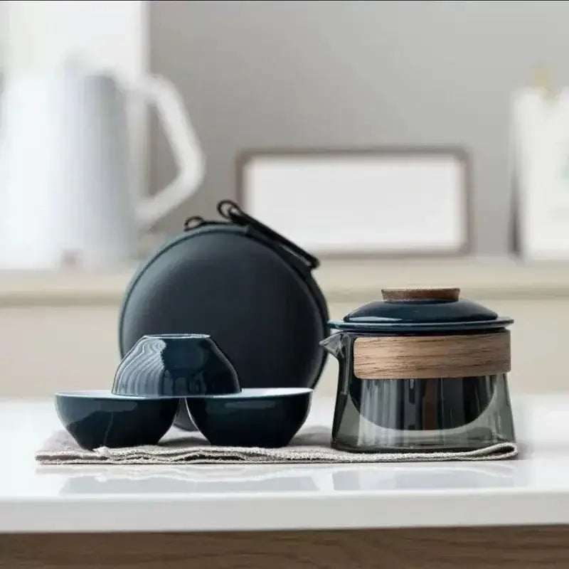 Navy blue zen travel tea set, porcelain teapot and three cups
