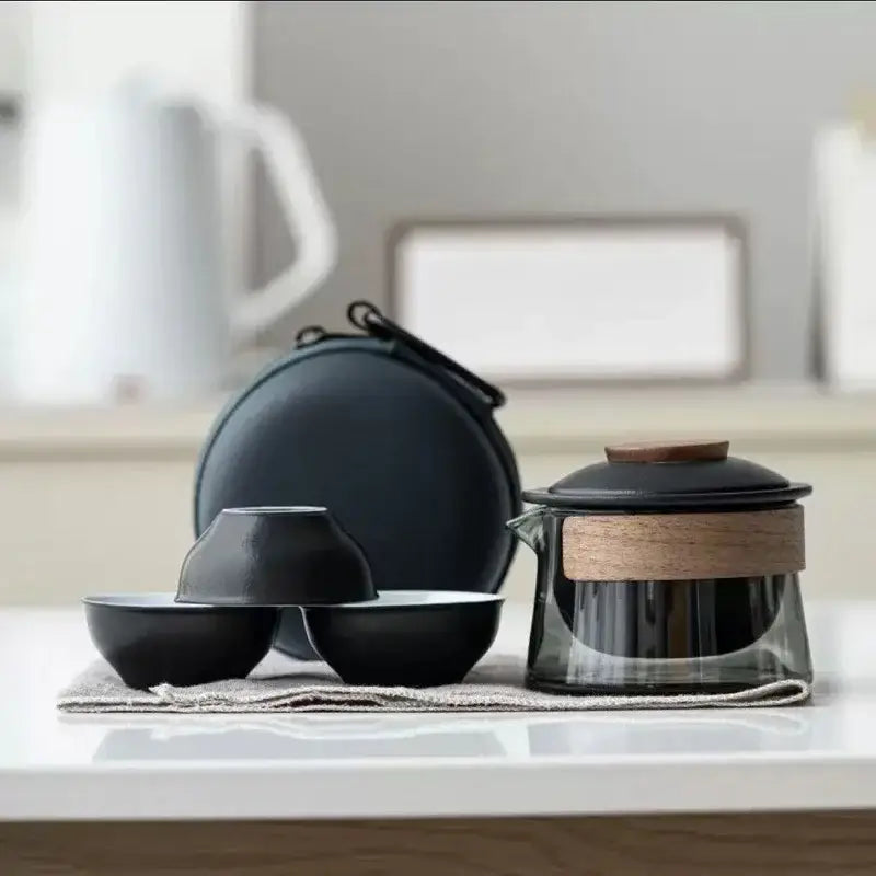Black porcelain zen tea set for three, teapot and nesting cups