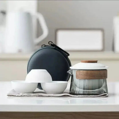 White porcelain zen travel tea set, teapot with three matching cups